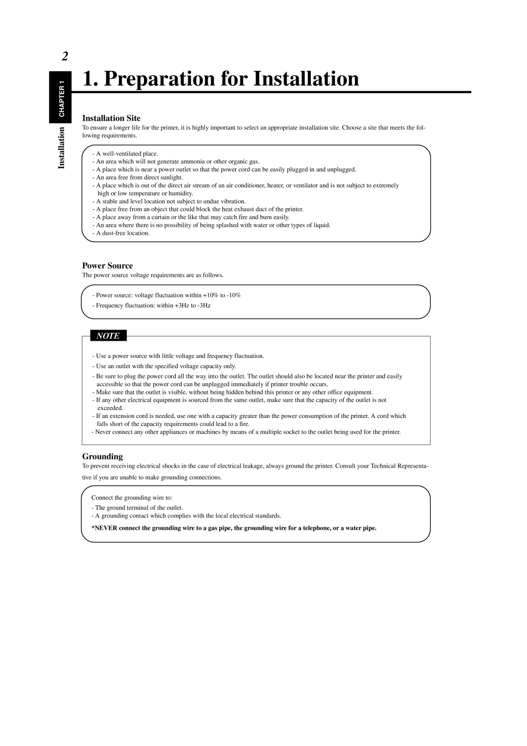 Minolta 0990-7701-02 user manual Preparation for Installation, Installation Site, Power Source, Grounding 