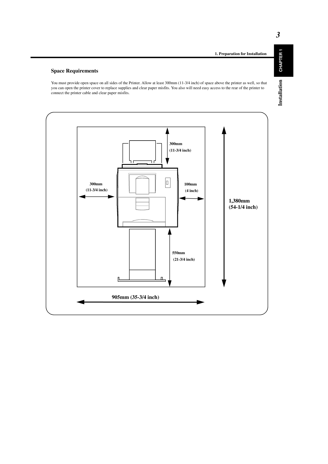 Minolta 0990-7701-02 user manual Space Requirements, 380mm 54-1/4 inch, 905mm 35-3/4 inch 