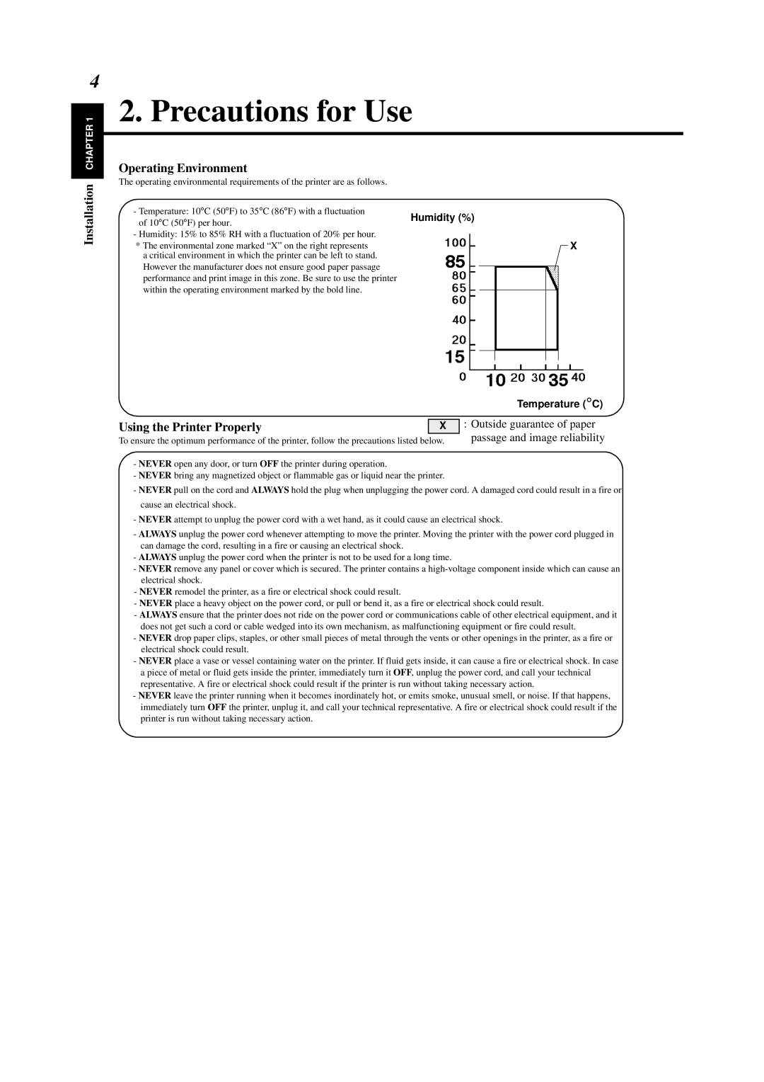 Minolta 0990-7701-02 Precautions for Use, Operating Environment, Using the Printer Properly, Humidity %, Temperature C 