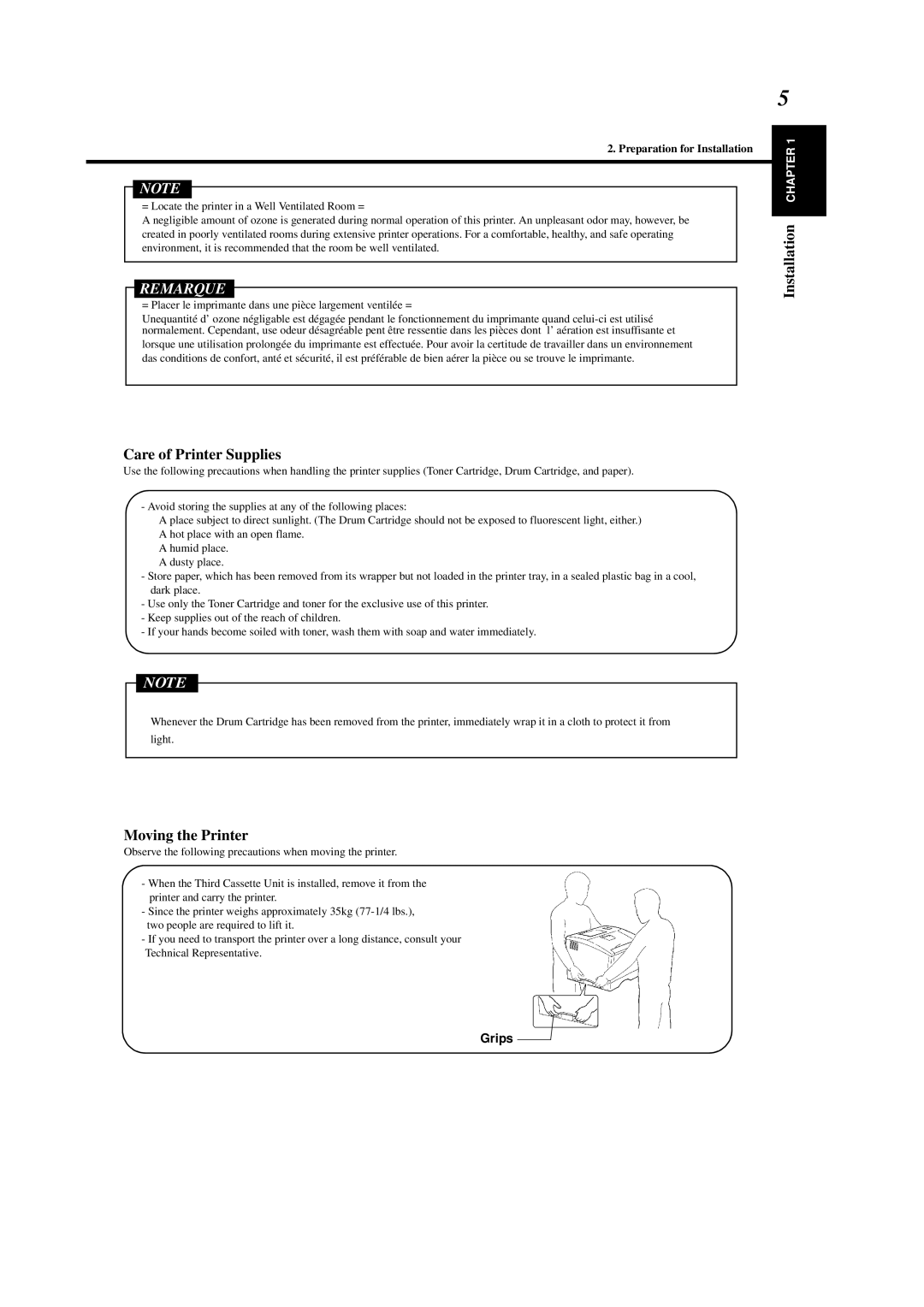 Minolta 0990-7701-02 user manual Care of Printer Supplies, Moving the Printer, Grips 