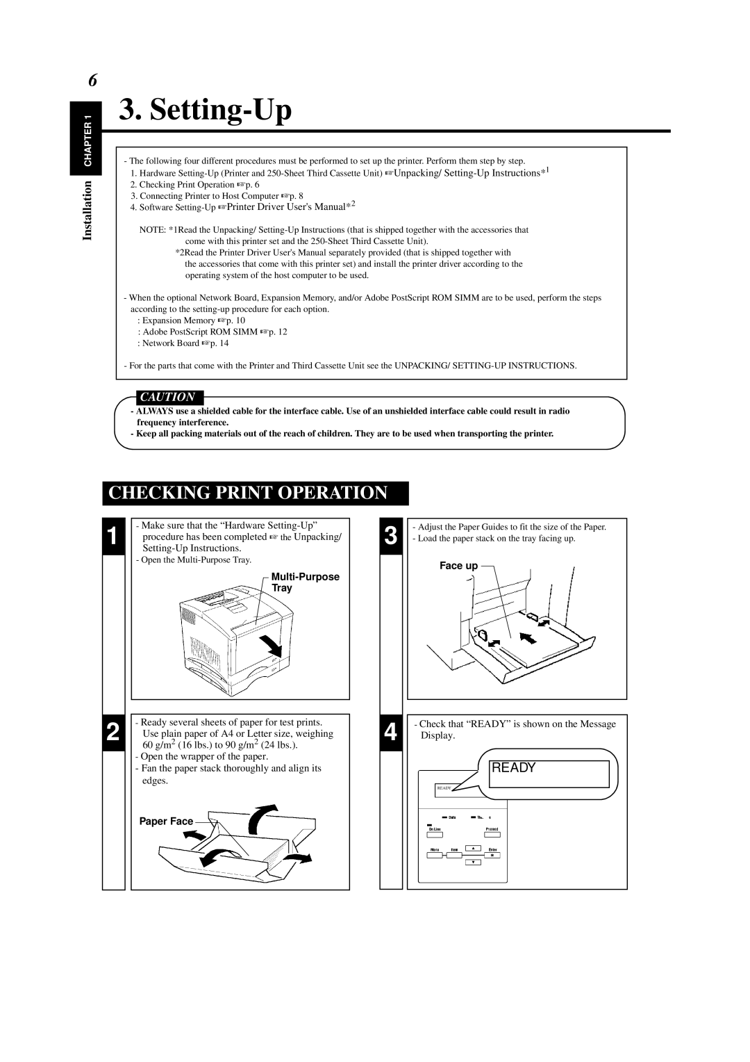 Minolta 0990-7701-02 user manual Setting-Up, Checking Print Operation, Multi-Purpose Tray, Paper Face, Face up 