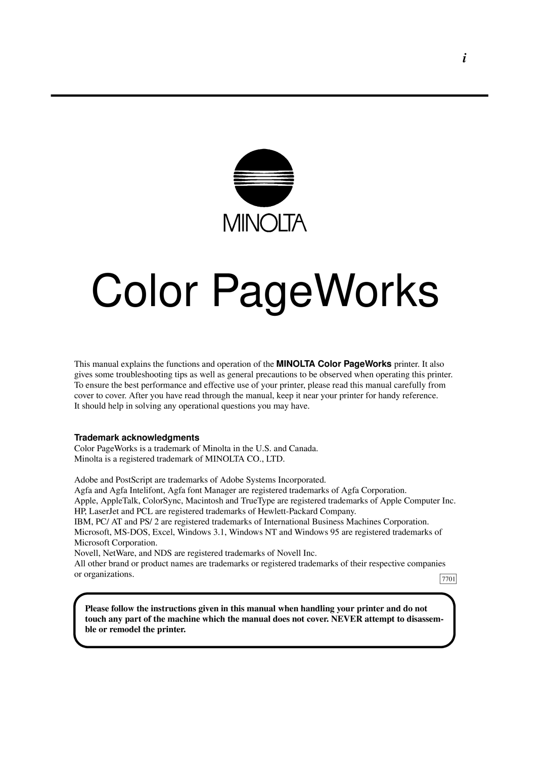 Minolta 0990-7701-02 user manual Color PageWorks 