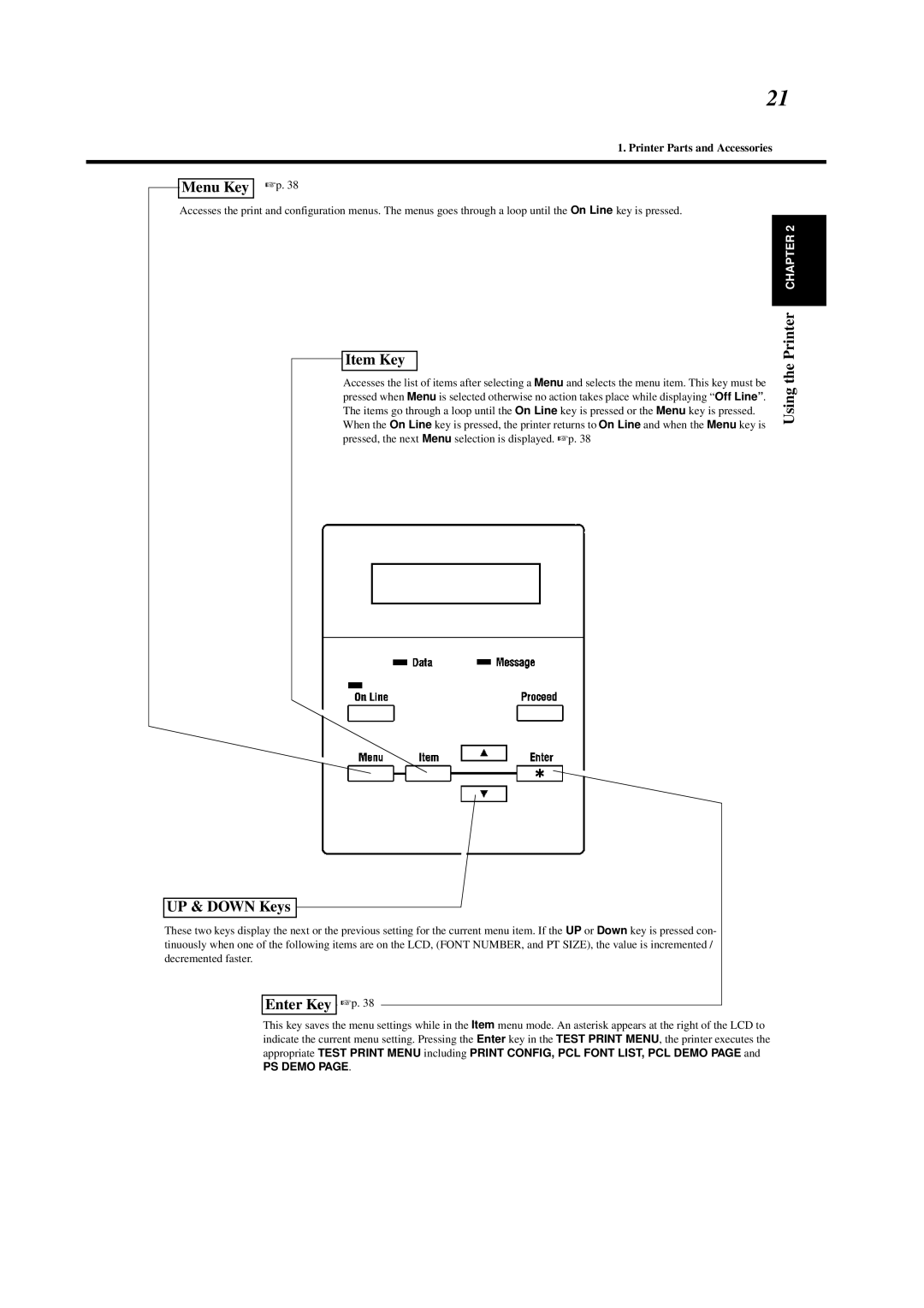 Minolta 0990-7701-02 user manual Menu Key p, Item Key, Using the Printer InstallationCHAPTER UP & Down Keys, Enter Key p 