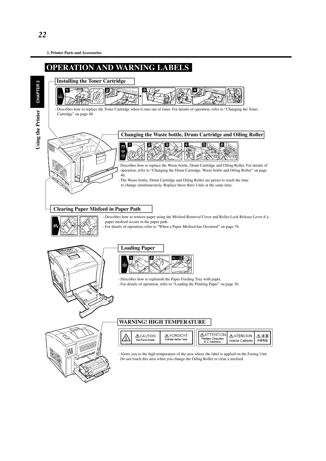 Minolta 0990-7701-02 Operation and Warning Labels, Installing the Toner Cartridge, Clearing Paper Misfeed in Paper Path 