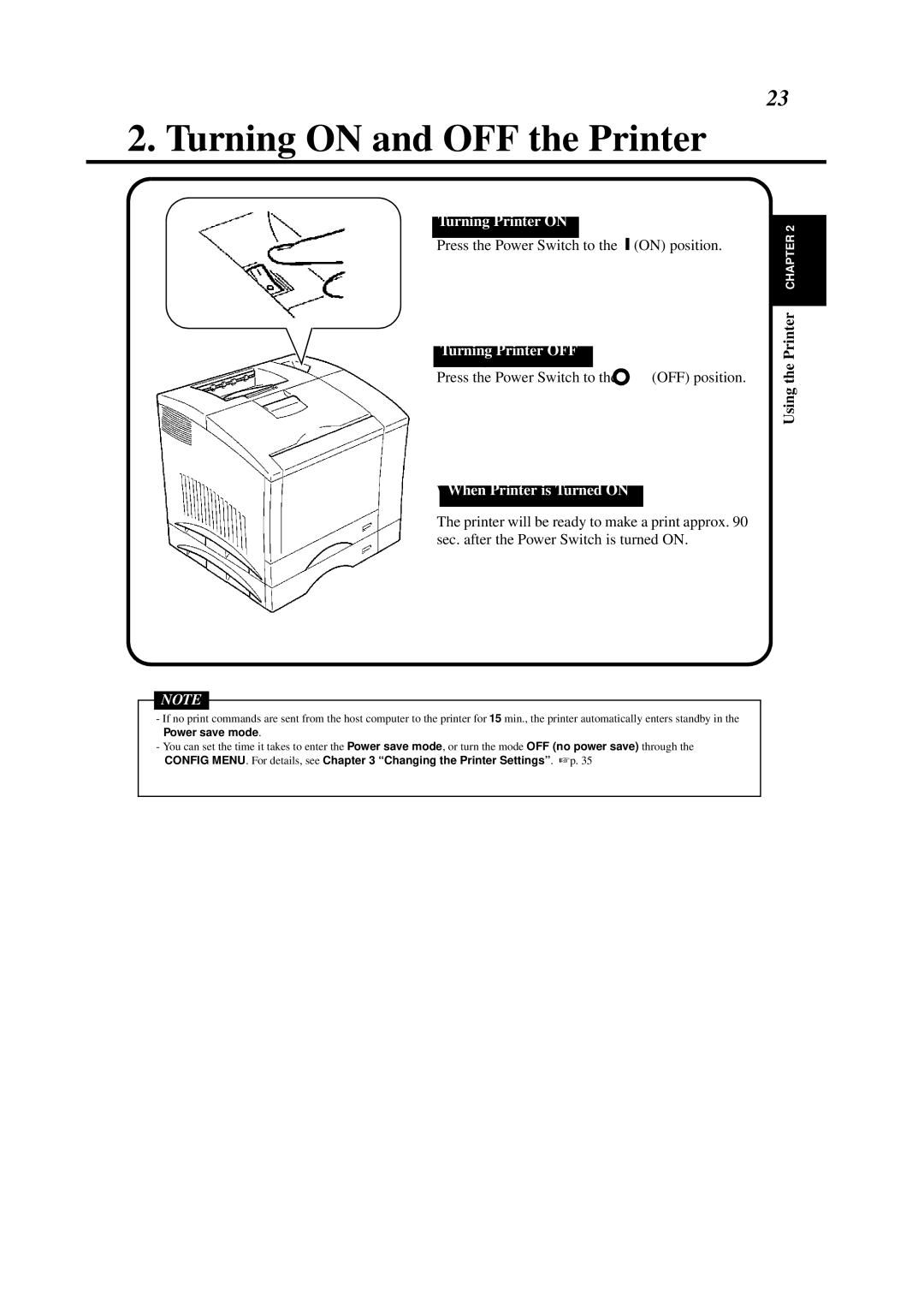 Minolta 0990-7701-02 user manual Turning on and OFF the Printer, Turning Printer on, Turning Printer OFF 