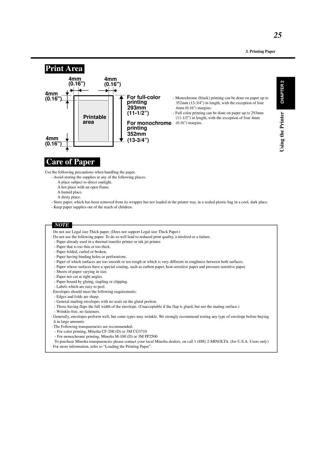 Minolta 0990-7701-02 user manual Print Area, Care of Paper 