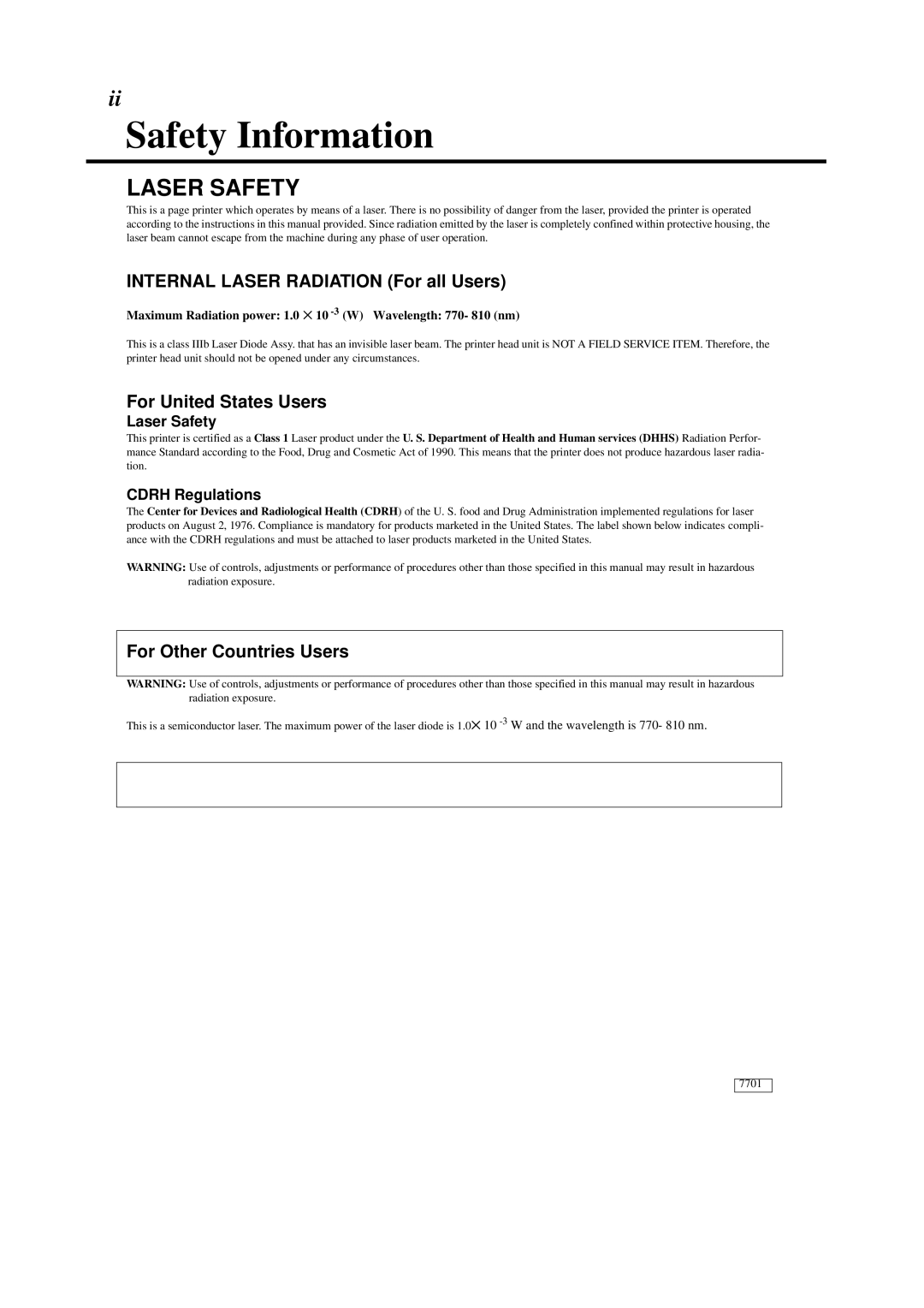 Minolta 0990-7701-02 user manual Safety Information, Laser Safety 