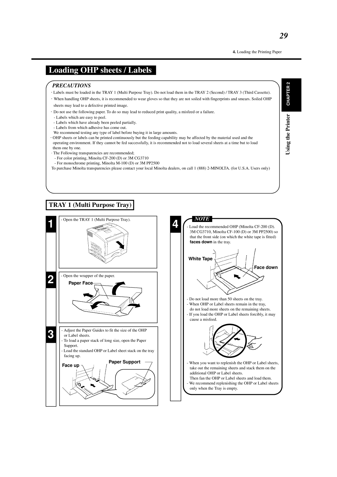 Minolta 0990-7701-02 user manual Paper Support, White Tape Face down, Face u 