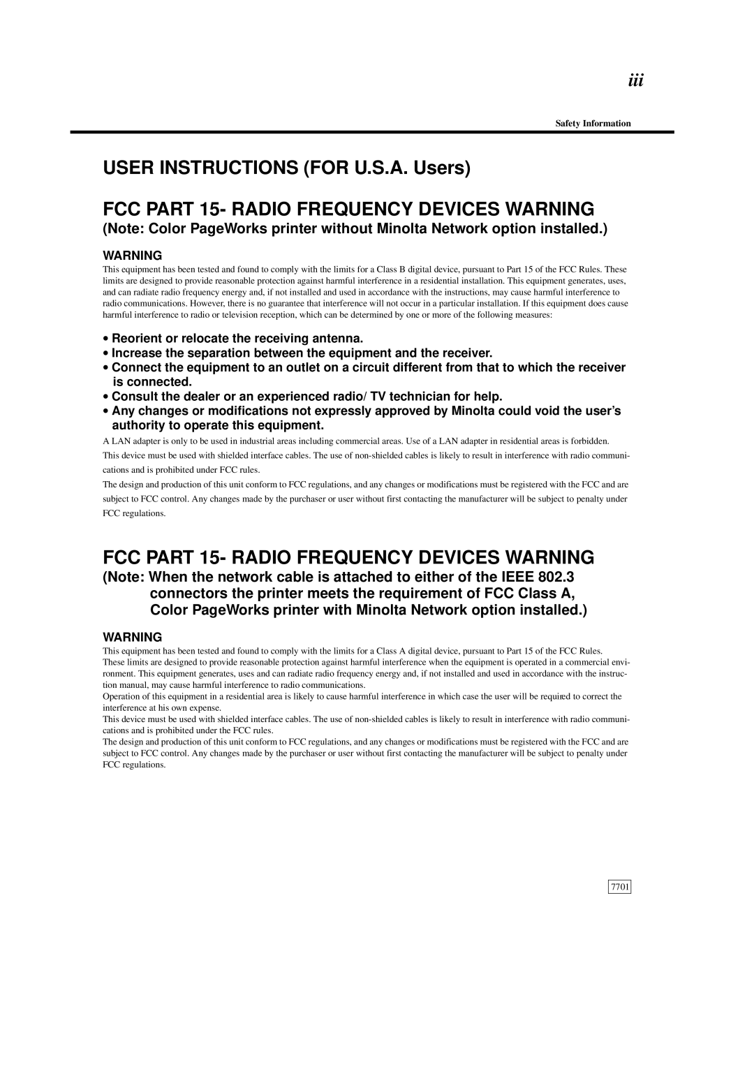 Minolta 0990-7701-02 user manual FCC Part 15- Radio Frequency Devices Warning 