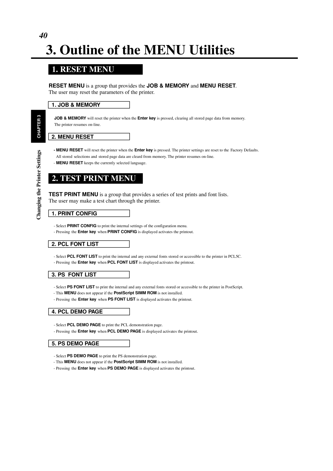 Minolta 0990-7701-02 user manual Outline of the Menu Utilities, Reset Menu, Test Print Menu 