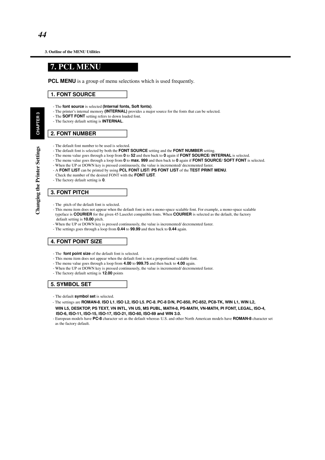 Minolta 0990-7701-02 user manual PCL Menu 