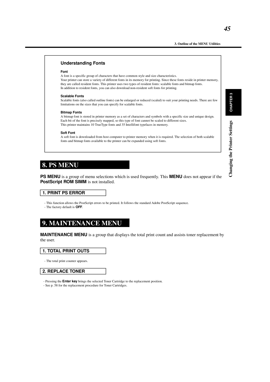 Minolta 0990-7701-02 user manual PS Menu, Maintenance Menu, Print PS Error, Total Print Outs, Replace Toner 