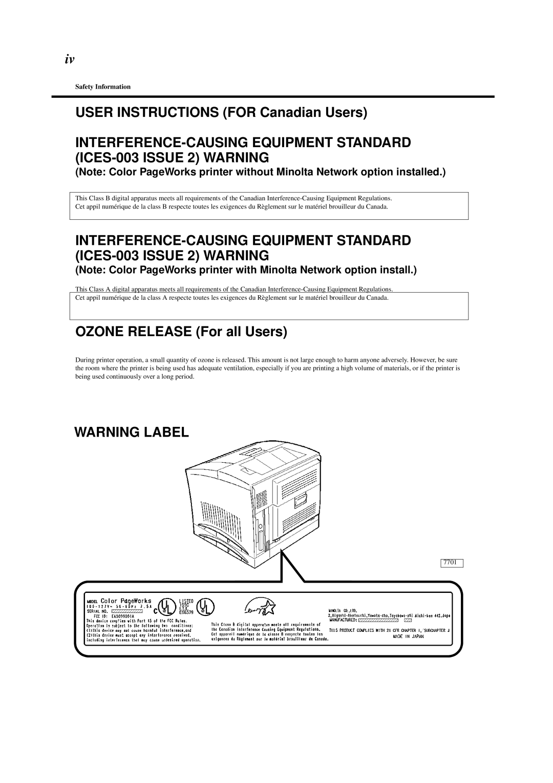 Minolta 0990-7701-02 user manual User Instructions for Canadian Users 