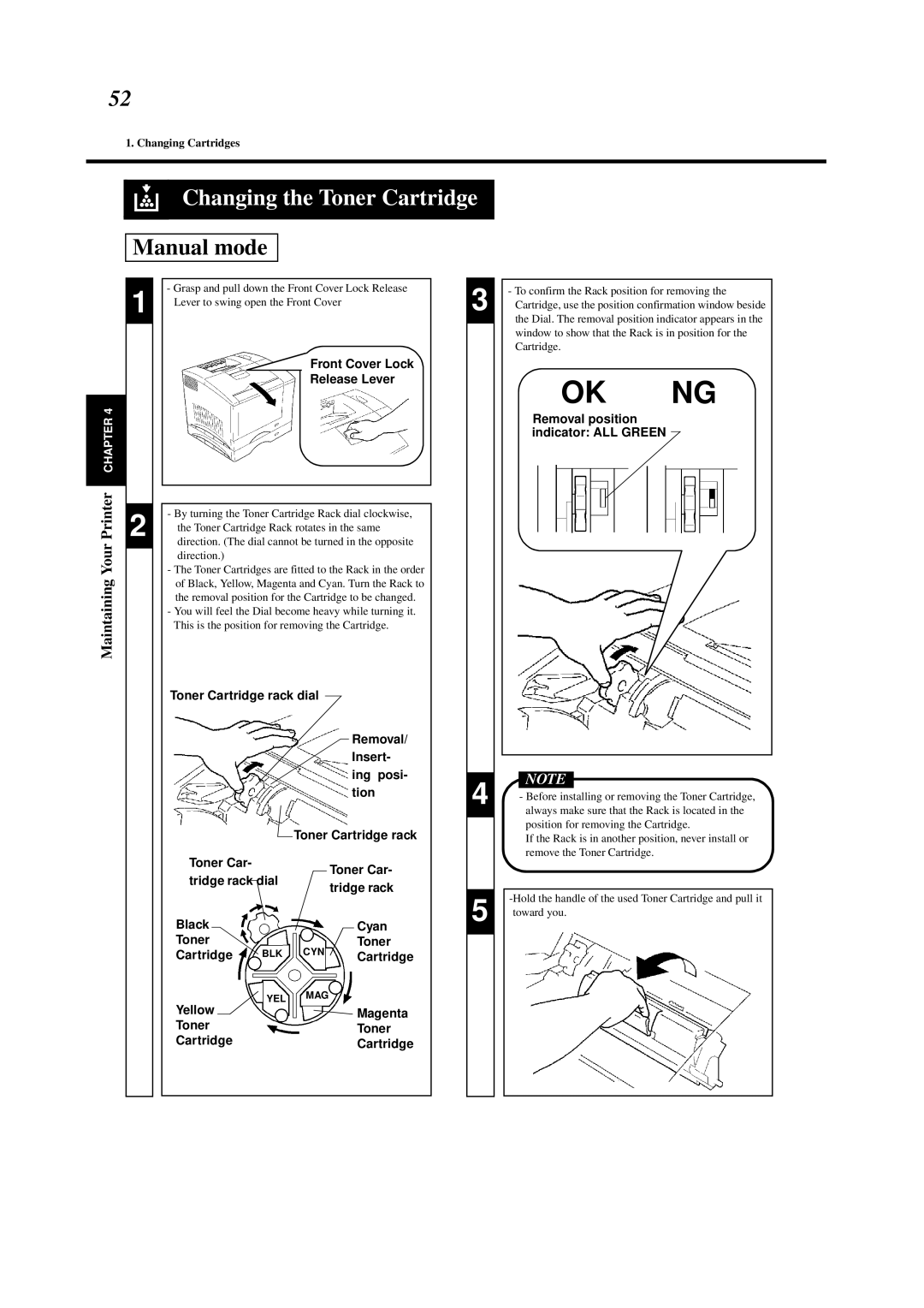 Minolta 0990-7701-02 user manual Front Cover Lock Release Lever, Yellow Magenta Toner Cartridge 