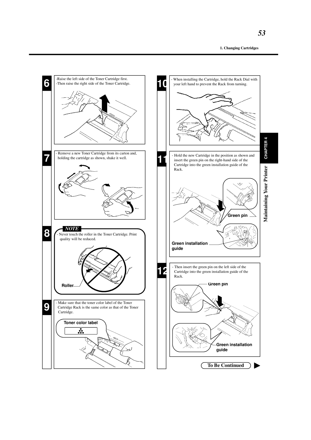 Minolta 0990-7701-02 Maintaining Your Printer Chapter To Be, Roller, Toner color label, Green pin Green installation guide 