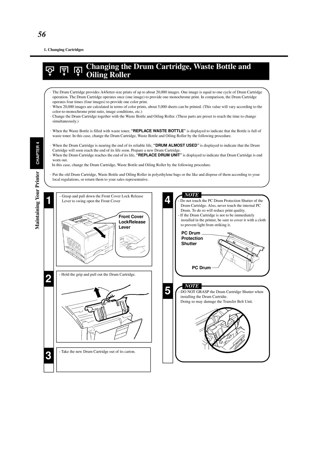 Minolta 0990-7701-02 user manual Changing the Drum Cartridge, Waste Bottle and Oiling Roller, Maintaining Your 