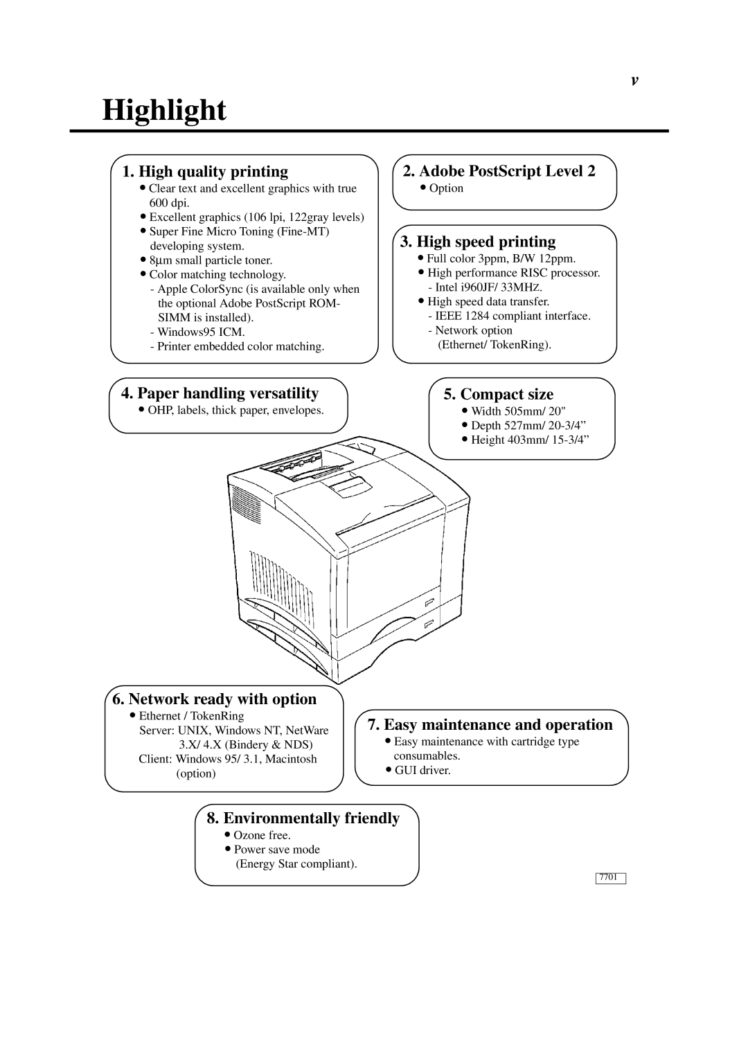 Minolta 0990-7701-02 user manual Highlight, High quality printing 