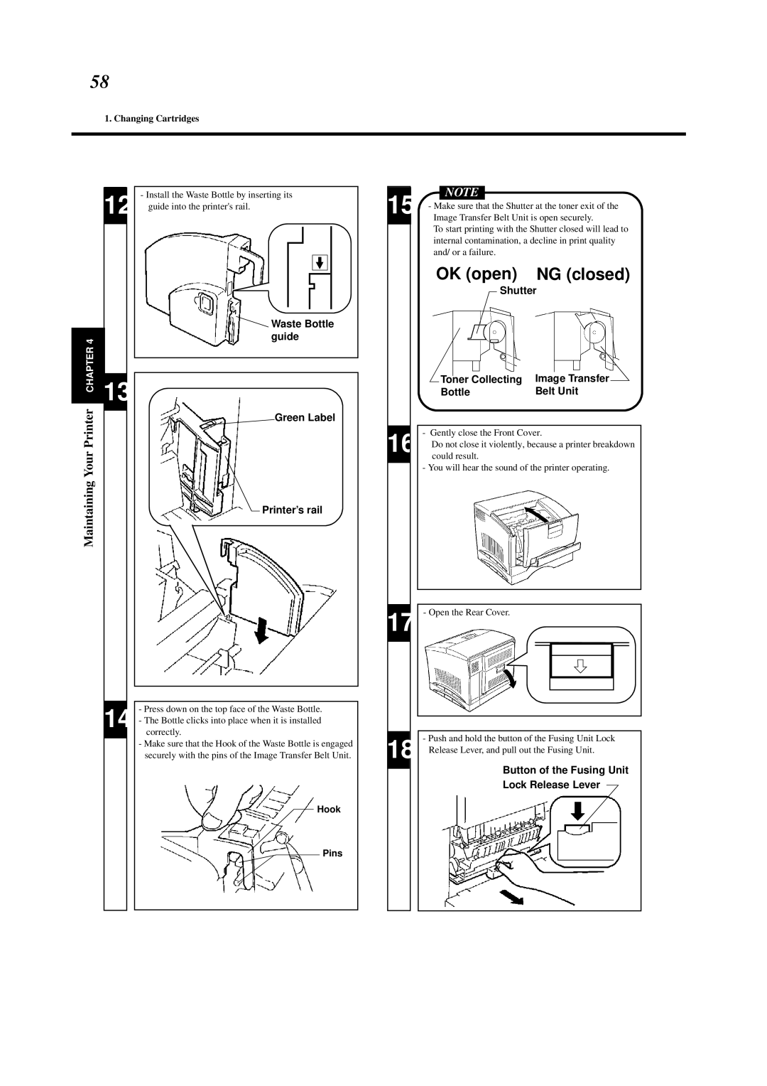 Minolta 0990-7701-02 user manual Waste Bottle Guide, Green Label Printer’s rail, Bottle Belt Unit 