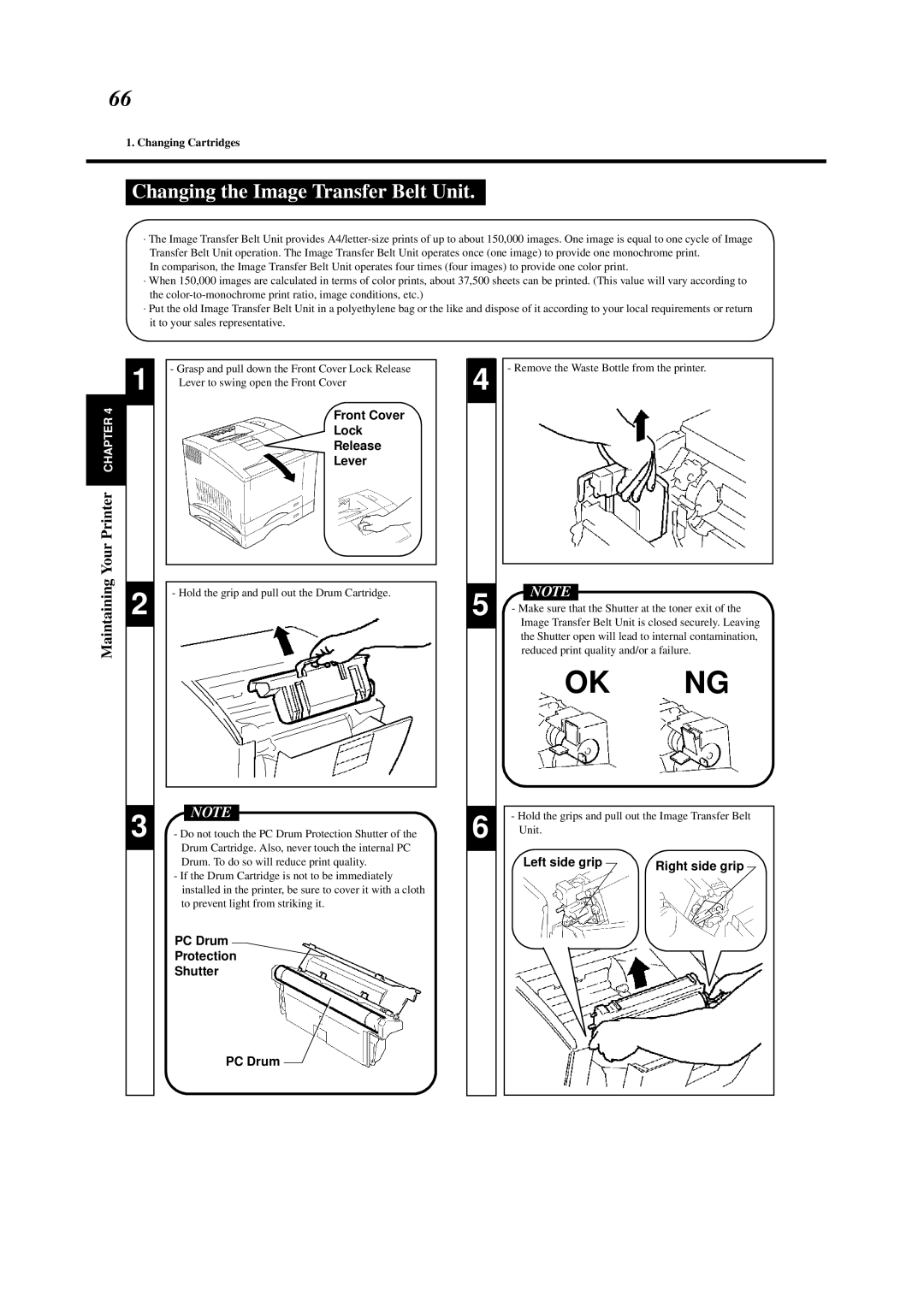 Minolta 0990-7701-02 user manual Changing the Image Transfer Belt Unit, Left side grip Right side grip 