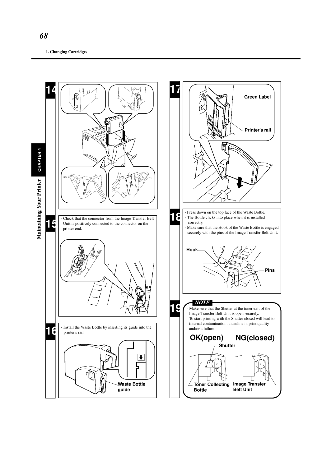 Minolta 0990-7701-02 user manual Hook Pins, Shutter Waste Bottle guide, Image Transfer, Toner Collecting 