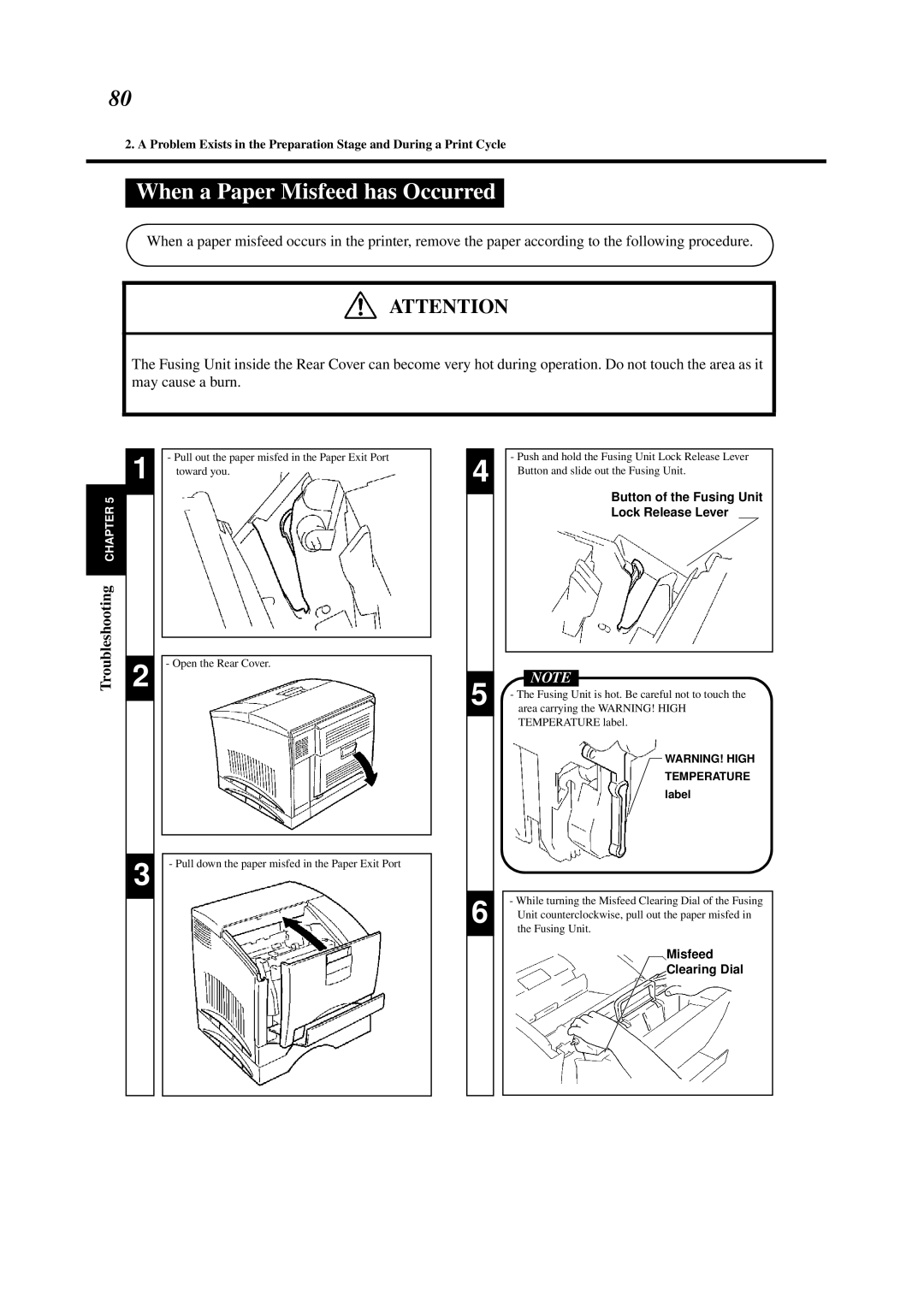 Minolta 0990-7701-02 user manual When a Paper Misfeed has Occurred, Button of the Fusing Unit, Clearing Dial, Label 