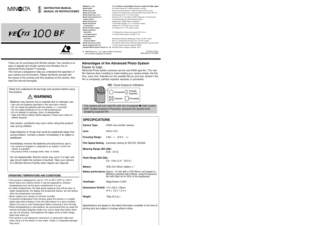 Minolta 100BF specifications Specifications, Minolta Hong Kong Limited 