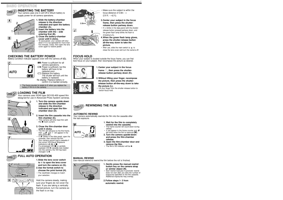 Minolta 100BF specifications Inserting the Battery, Checking the Battery Power, Loading the Film, Focus Hold 