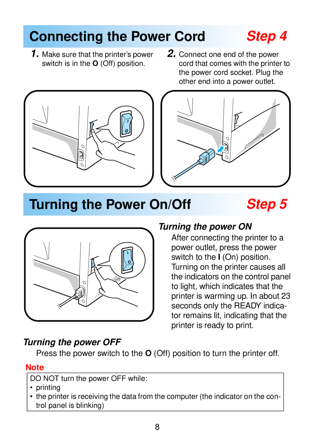 Minolta 18 manual Connecting the Power Cord Step, Turning the Power On/Off Step 