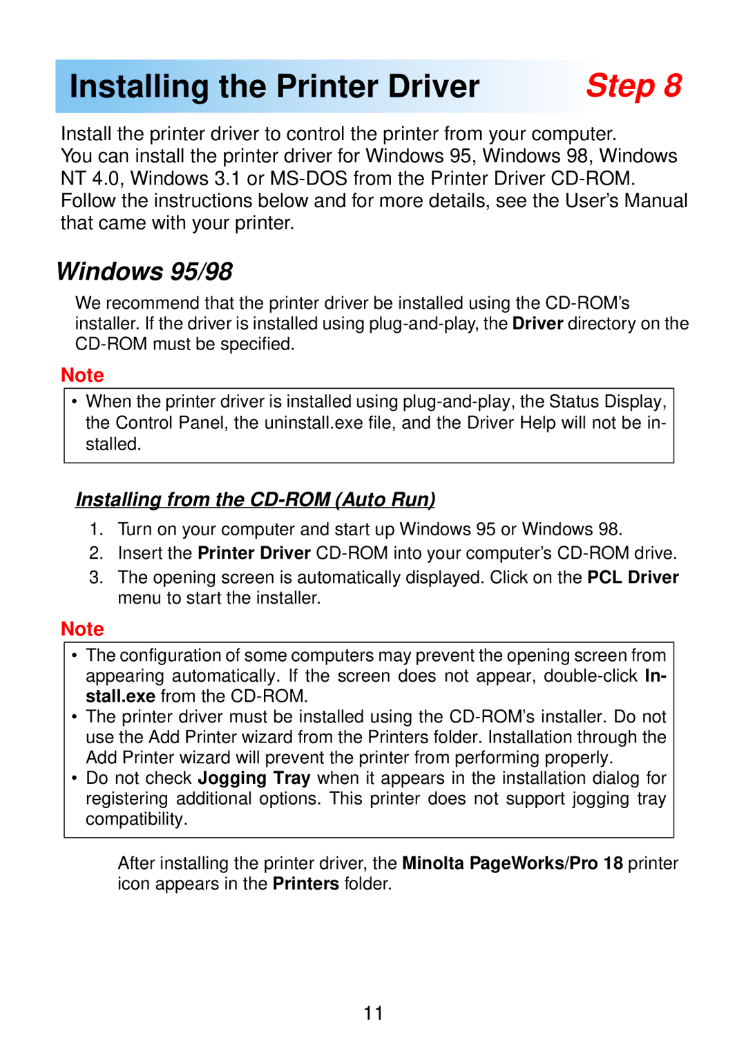 Minolta 18 manual Installing the Printer Driver Step, Windows 95/98 