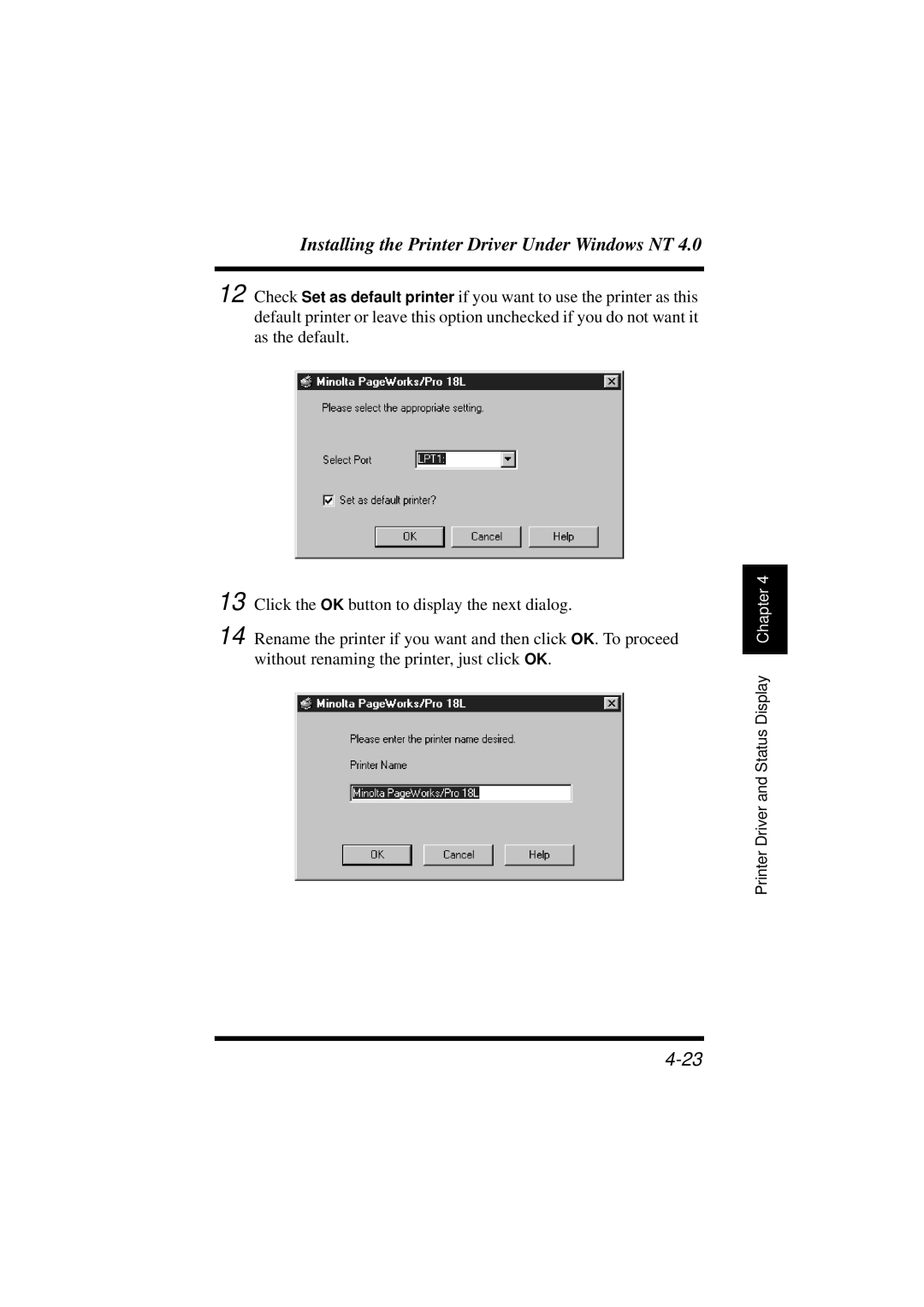 Minolta 18L manual Installing the Printer Driver Under Windows NT 