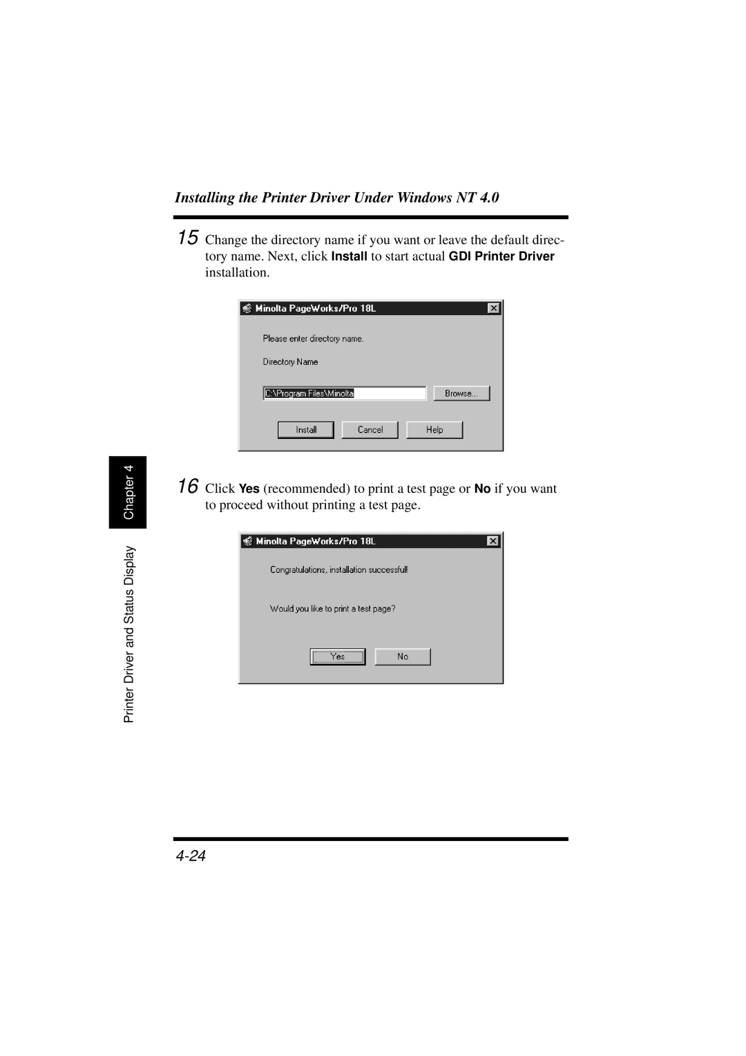 Minolta 18L manual Installing the Printer Driver Under Windows NT 