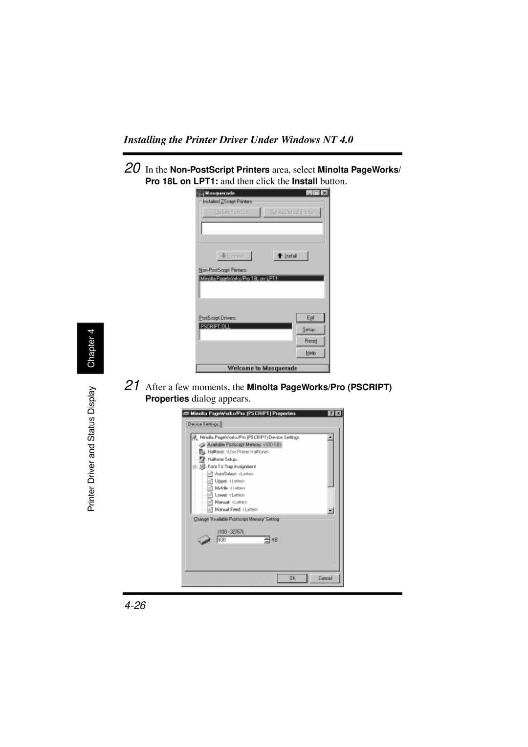 Minolta 18L manual Installing the Printer Driver Under Windows NT 