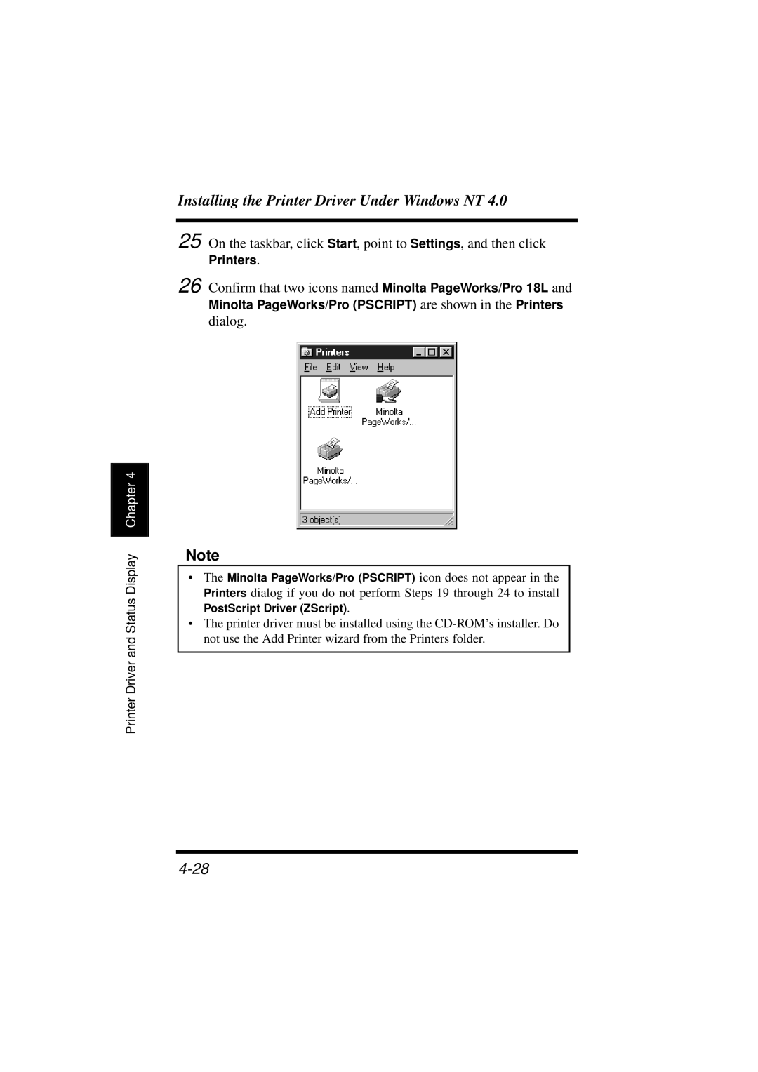 Minolta manual Confirm that two icons named Minolta PageWorks/Pro 18L 