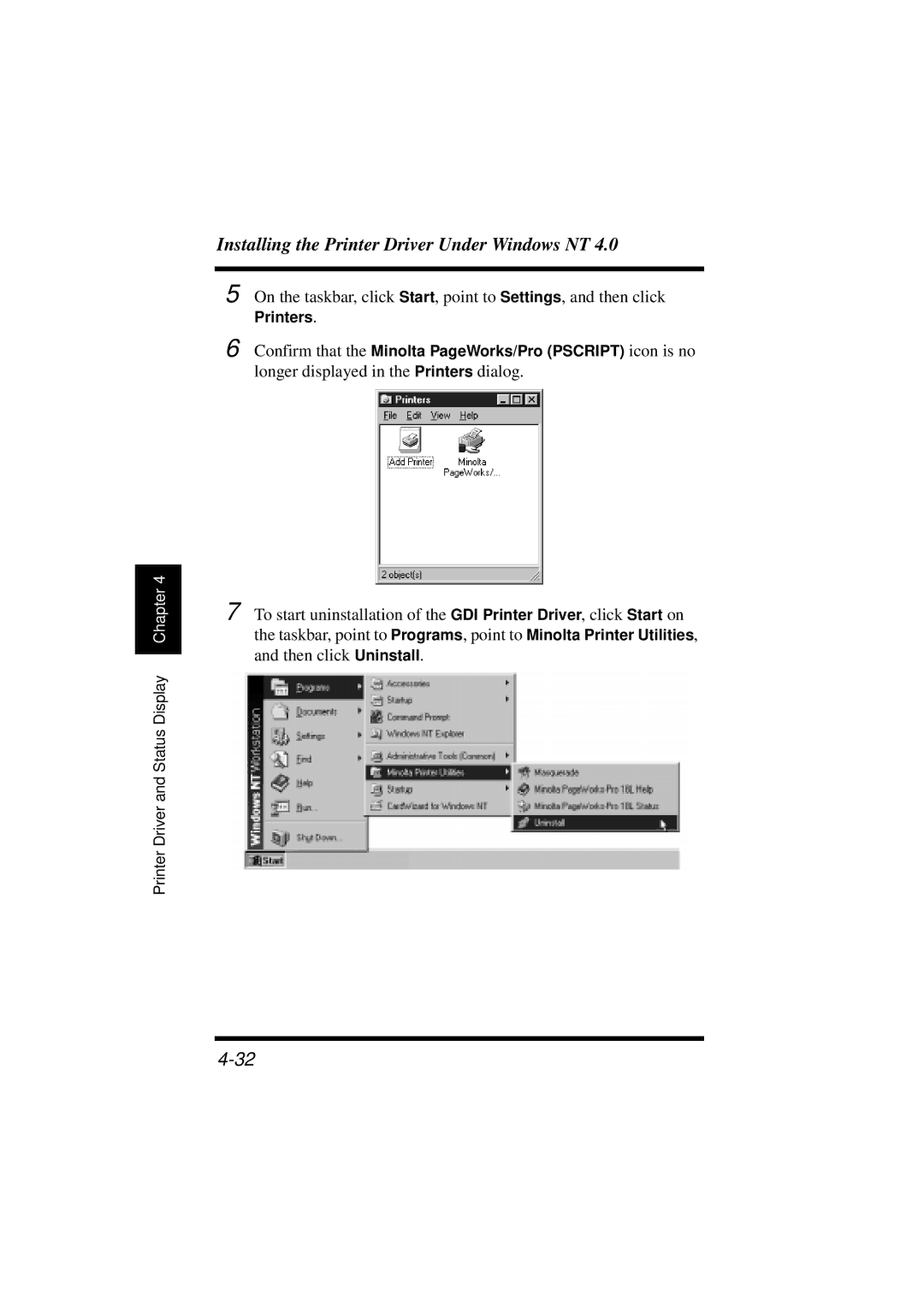 Minolta 18L manual Installing the Printer Driver Under Windows NT 