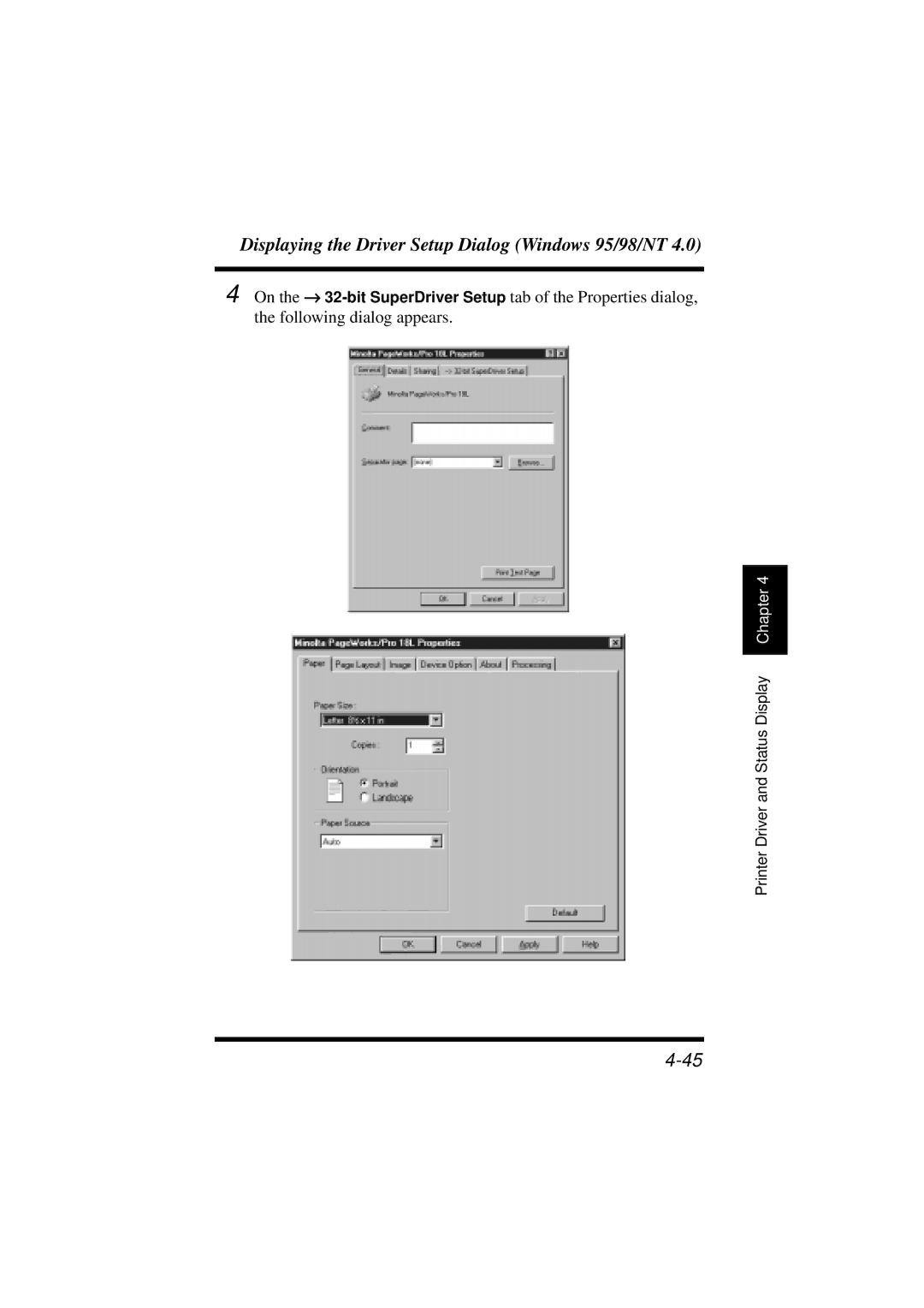 Minolta 18L manual Displaying the Driver Setup Dialog Windows 95/98/NT 