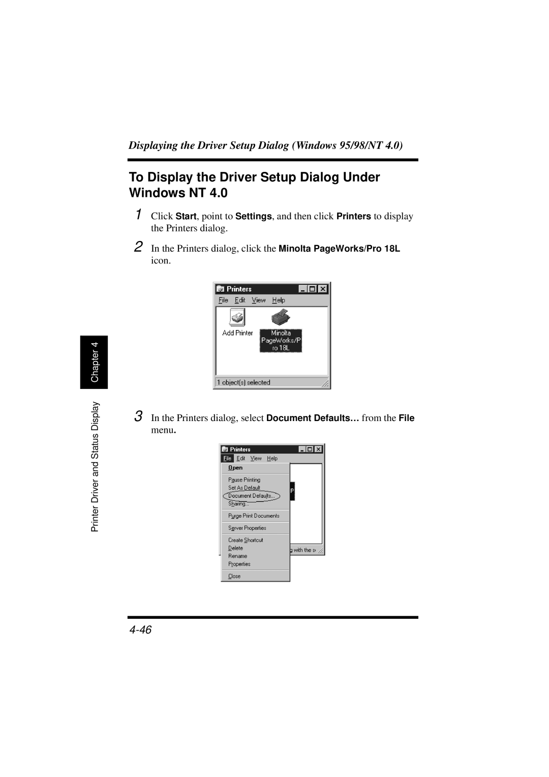 Minolta 18L manual To Display the Driver Setup Dialog Under Windows NT 