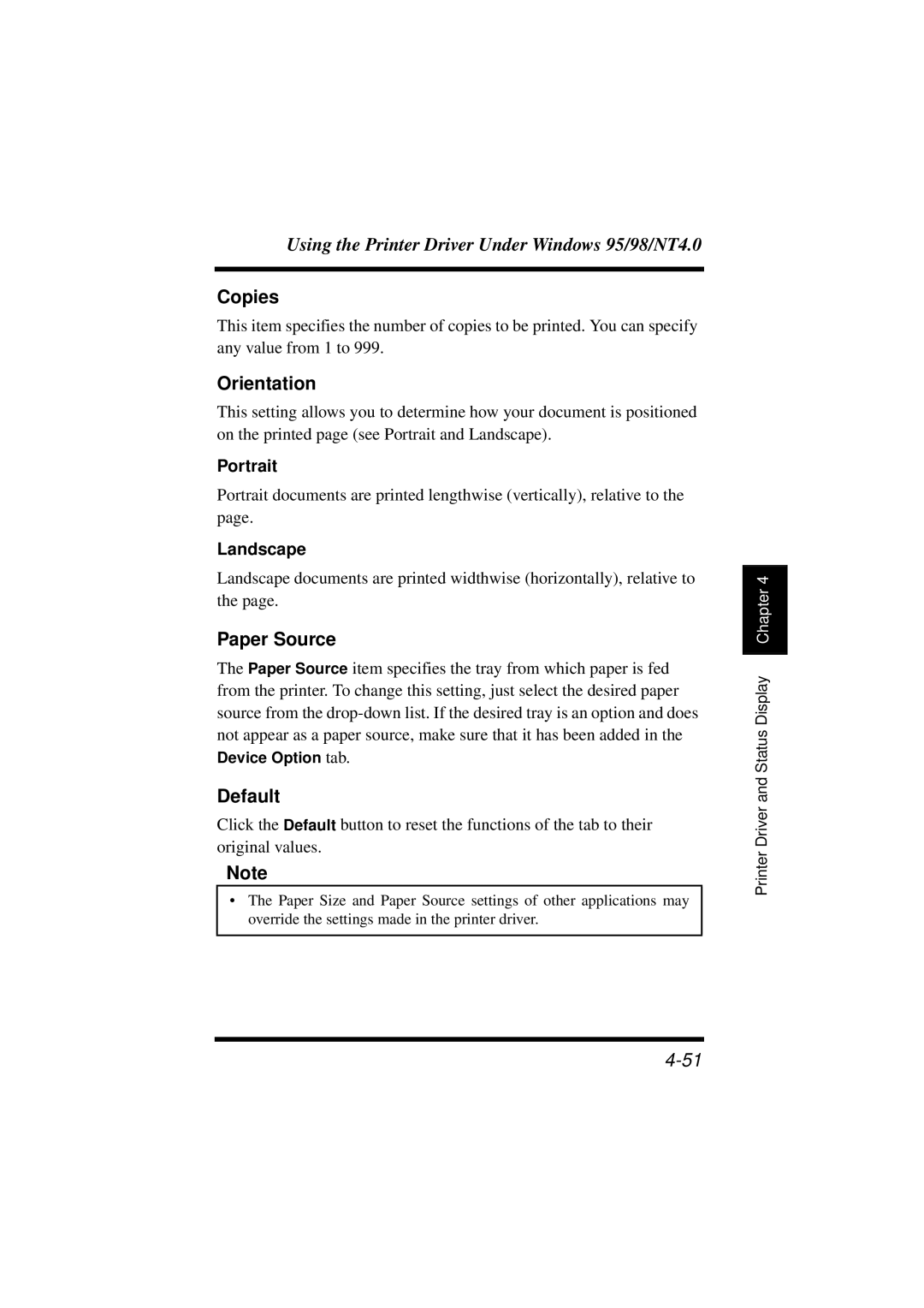 Minolta 18L manual Copies, Orientation, Paper Source, Default 