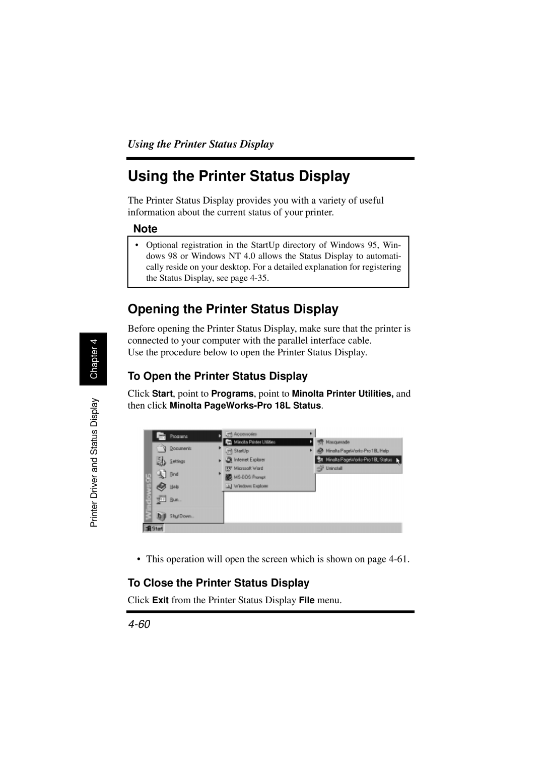 Minolta 18L manual Using the Printer Status Display, Opening the Printer Status Display, To Open the Printer Status Display 