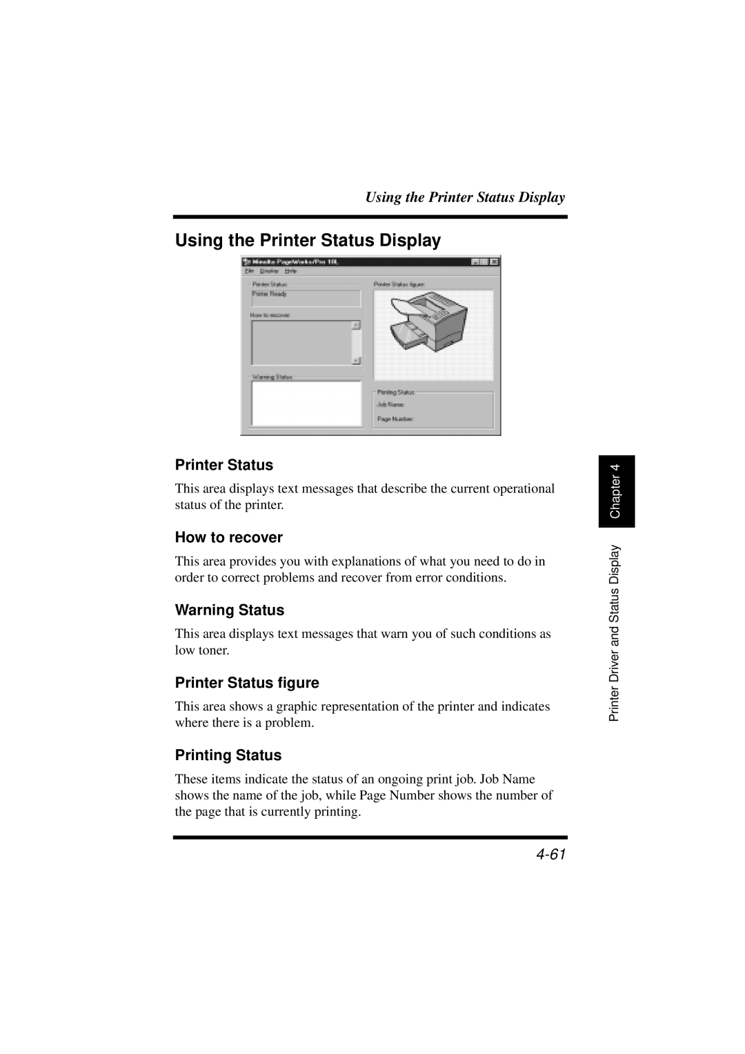 Minolta 18L manual Using the Printer Status Display, How to recover, Printer Status figure, Printing Status 