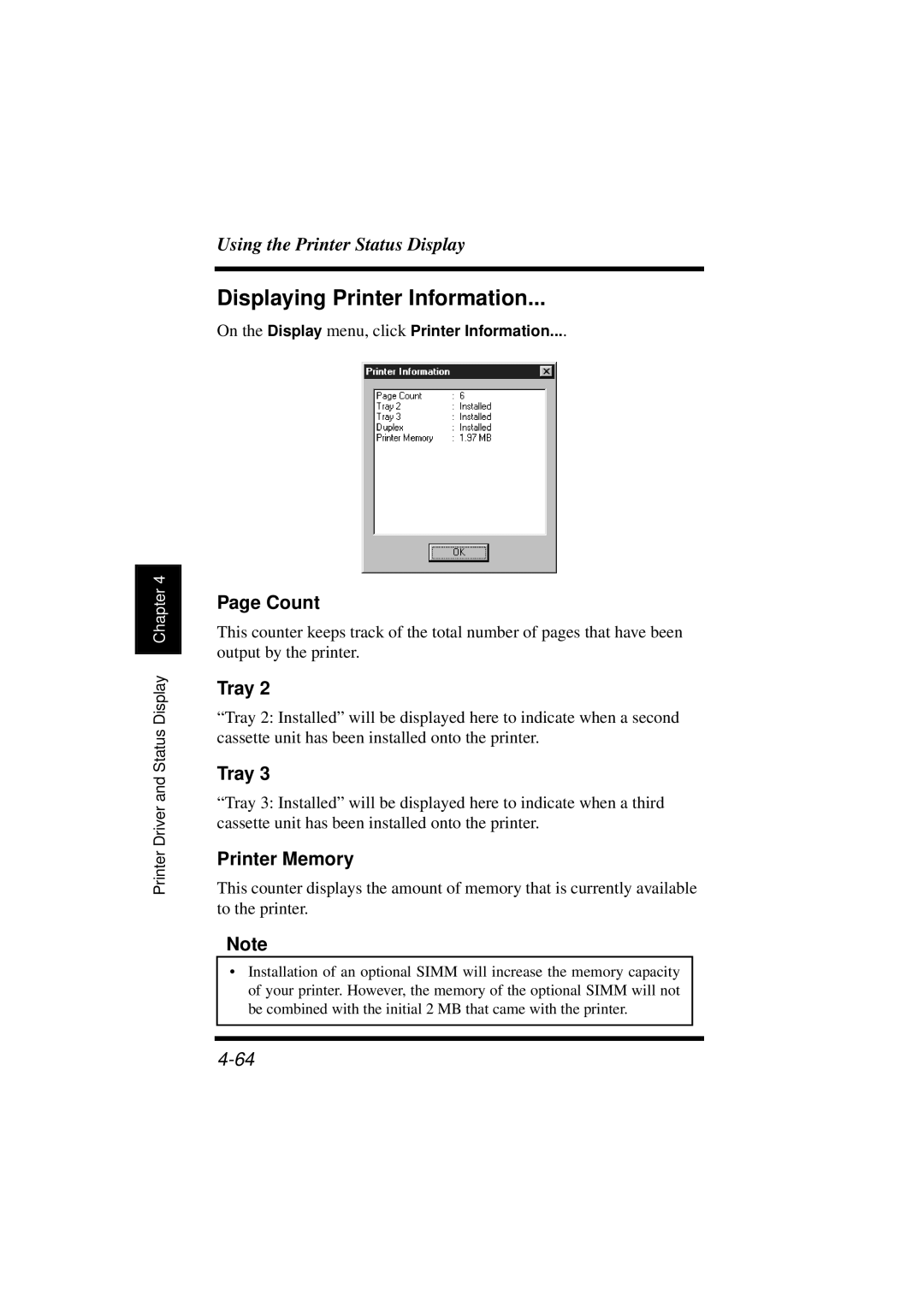 Minolta 18L manual Displaying Printer Information, Count, Tray, Printer Memory 