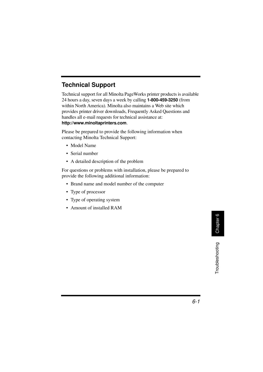 Minolta 18L manual Technical Support 