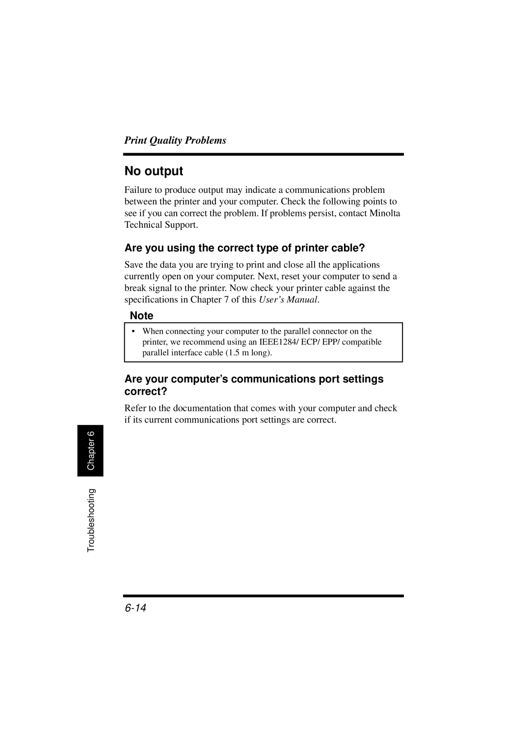 Minolta 18L manual No output, Are you using the correct type of printer cable? 