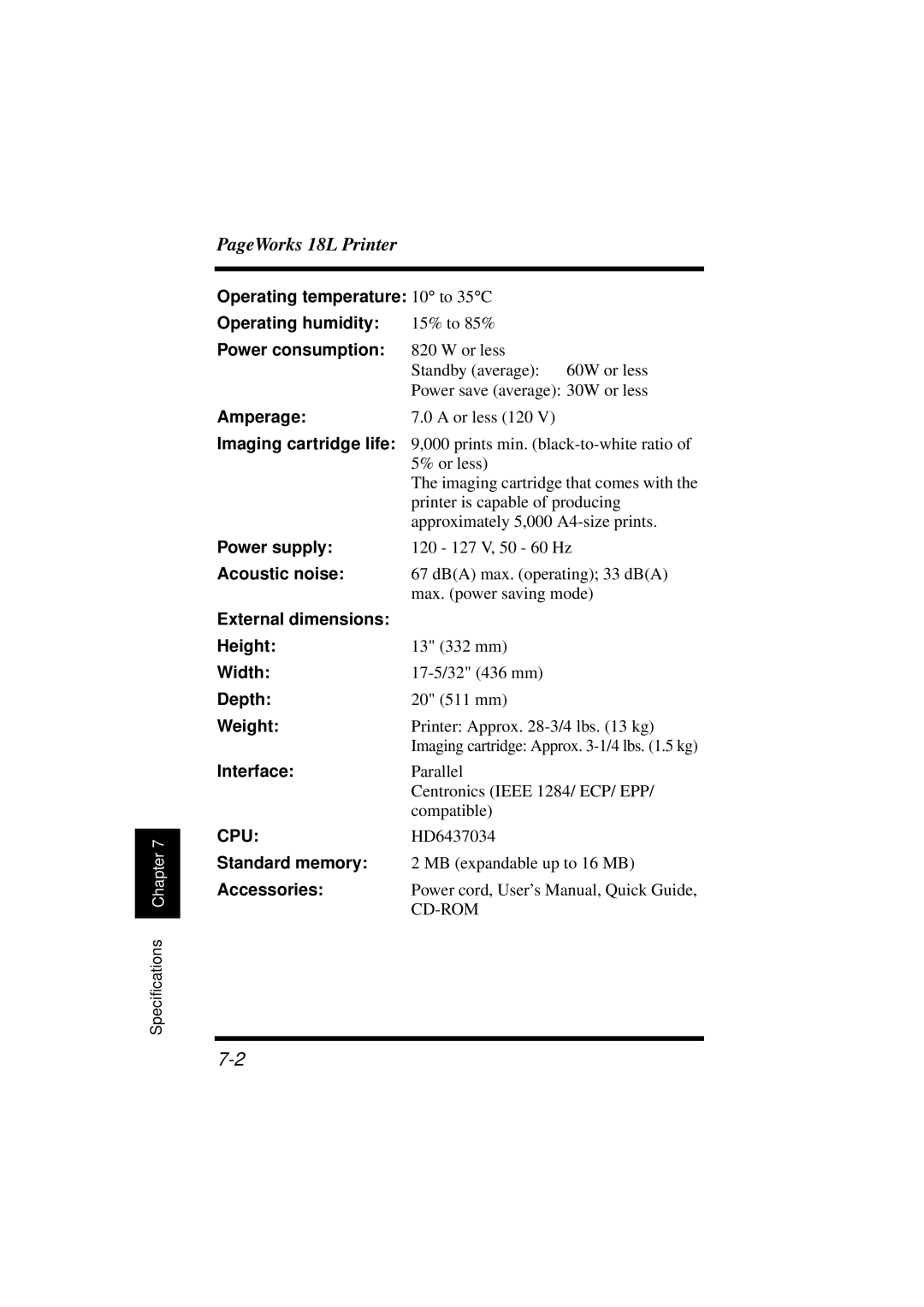 Minolta 18L Operating temperature 10 to 35C Operating humidity, Power consumption, Amperage, Imaging cartridge life, Width 