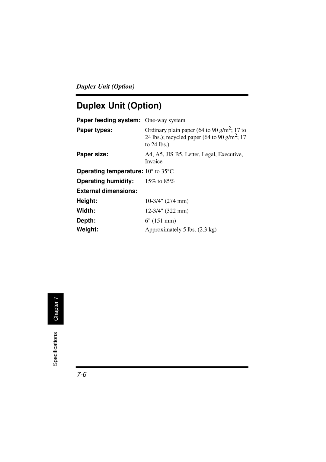 Minolta 18L manual Duplex Unit Option, Paper feeding system One-way system Paper types, Paper size 