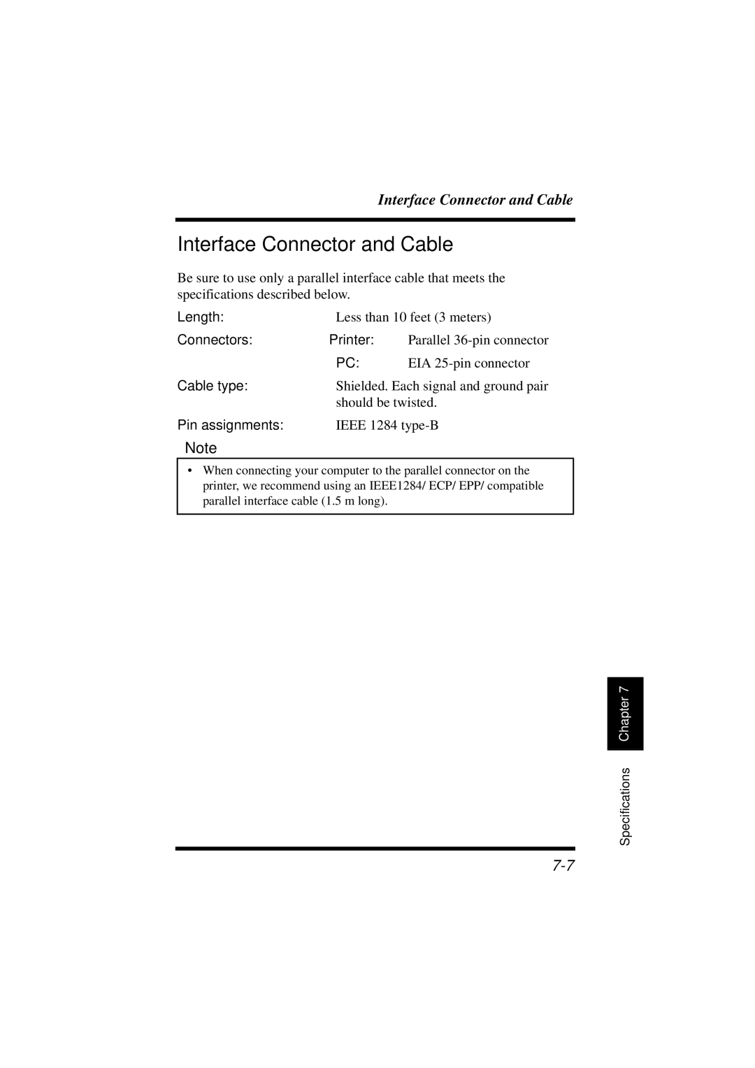 Minolta 18L manual Interface Connector and Cable, Length, Connectors Printer, Pin assignments 