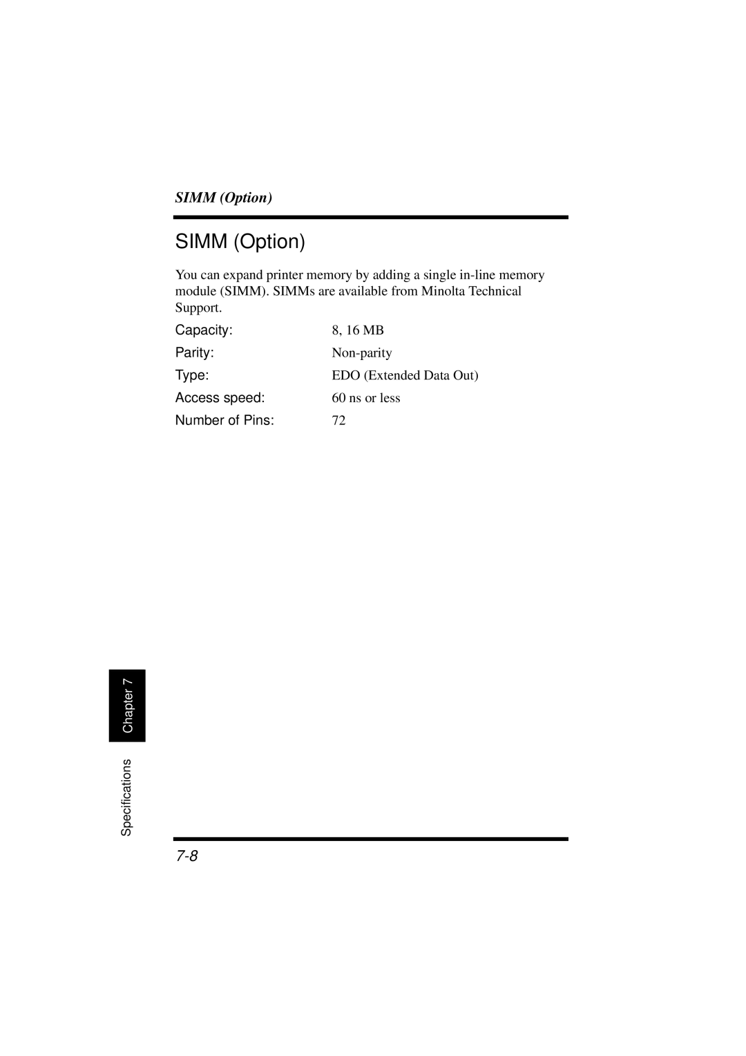 Minolta 18L manual Simm Option, Capacity, Parity, Access speed, Number of Pins 
