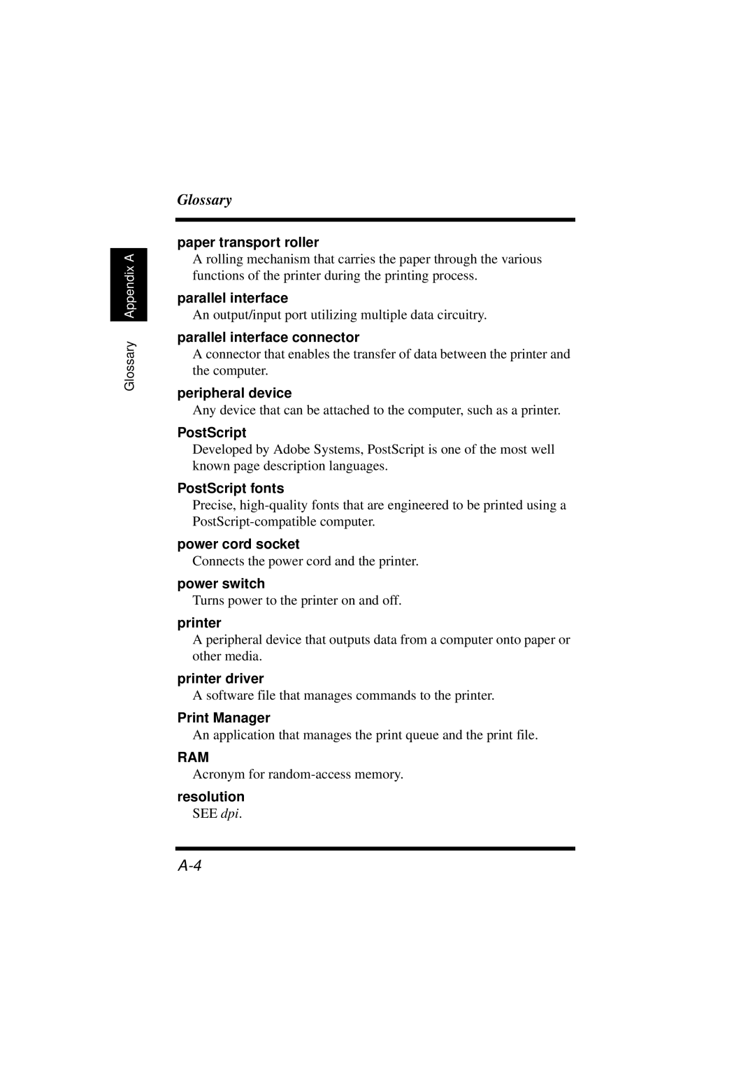 Minolta 18L manual Paper transport roller, Parallel interface connector, Peripheral device, PostScript fonts 