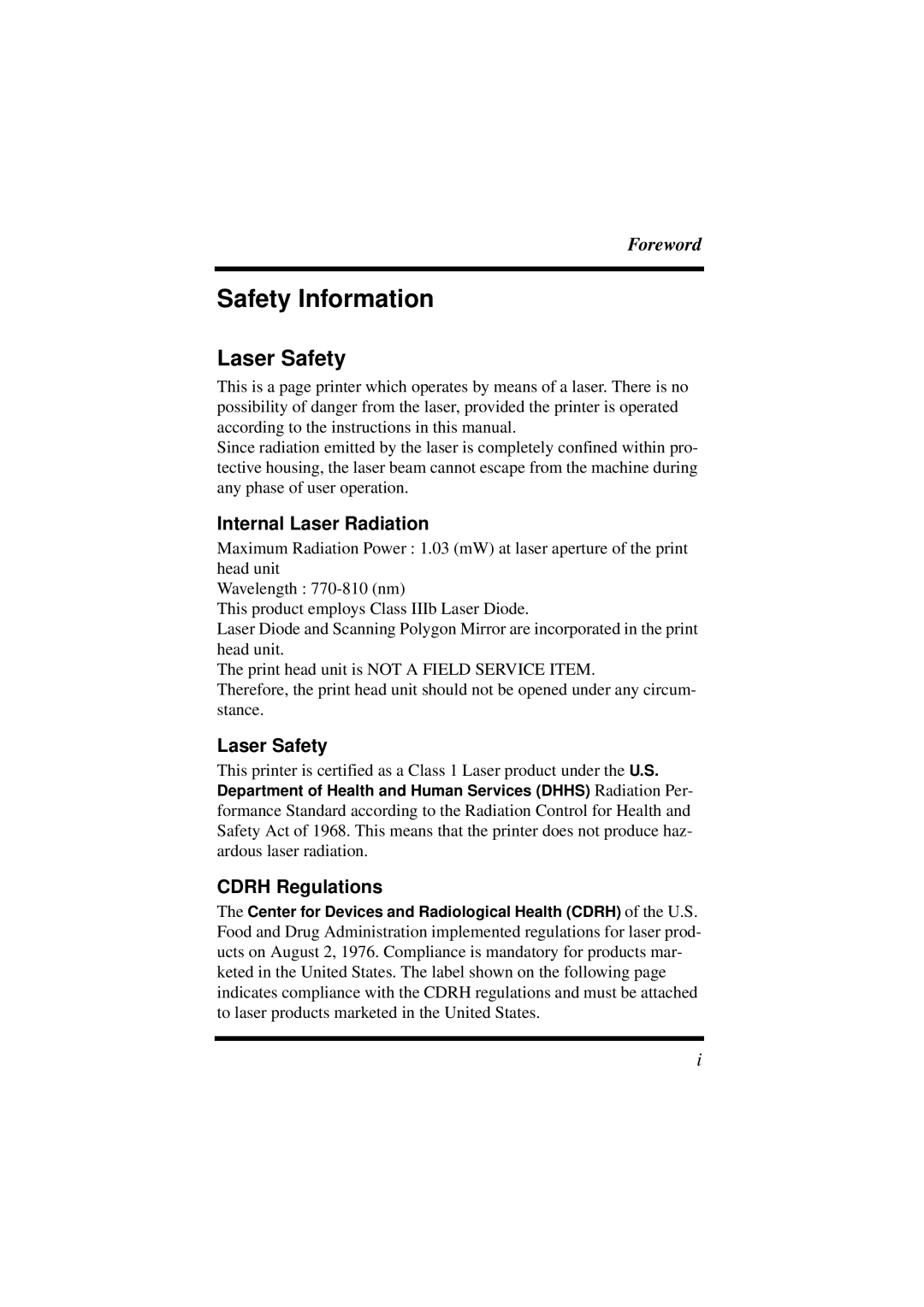 Minolta 18L manual Safety Information, Laser Safety, Internal Laser Radiation, Cdrh Regulations 