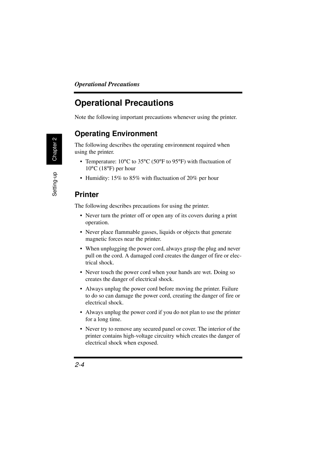 Minolta 18L manual Operational Precautions, Operating Environment, Printer 