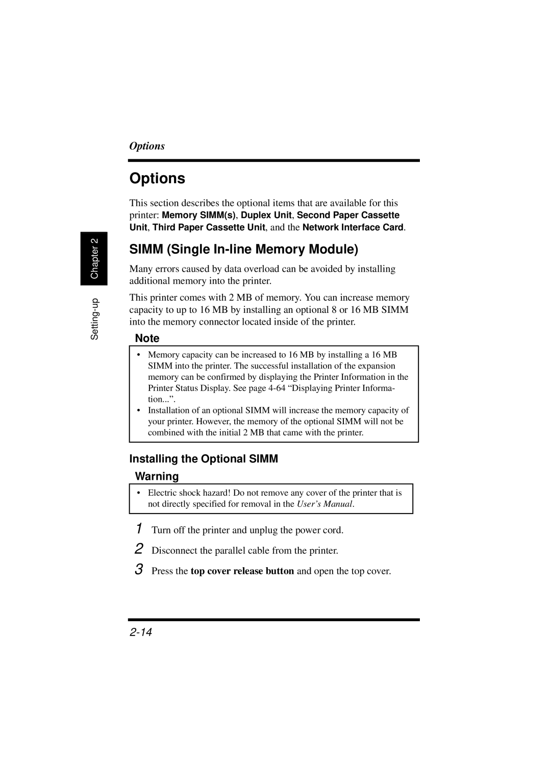 Minolta 18L manual Options, Simm Single In-line Memory Module, Installing the Optional Simm 